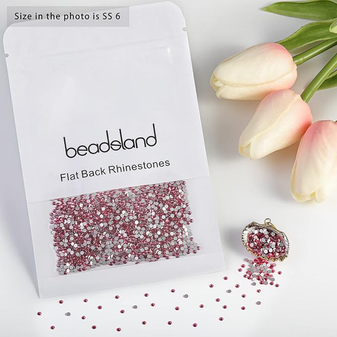 Beadsland 2880pcs Flat Back Crystal Rhinestones Round Gems for Nail Art and Craft Glue Fix,Rose,SS6,1.9-2.1mm