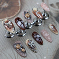 Brown Ombre Press on Nails Butterfly Fake Nails Medium Almond False Nail with Metal Design Silver Glue on Nails Handmade Nail Press ons Y2K Stick on Nail for Women Girls Cool Manicure (M)