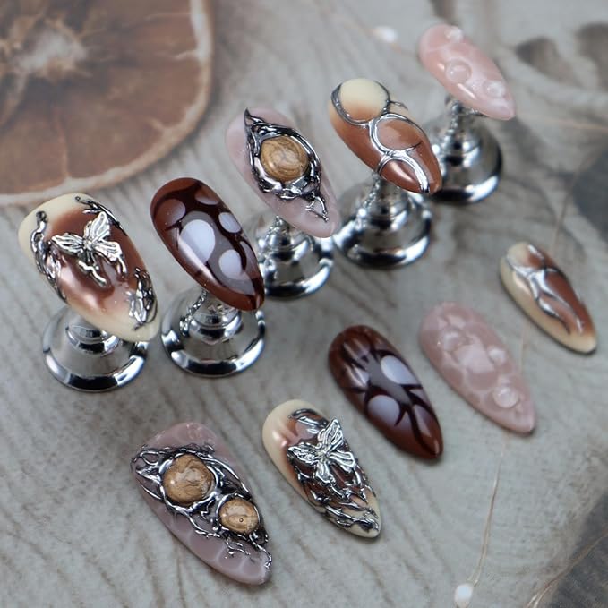 Brown Ombre Press on Nails Butterfly Fake Nails Medium Almond False Nail with Metal Design Silver Glue on Nails Handmade Nail Press ons Y2K Stick on Nail for Women Girls Cool Manicure (M)