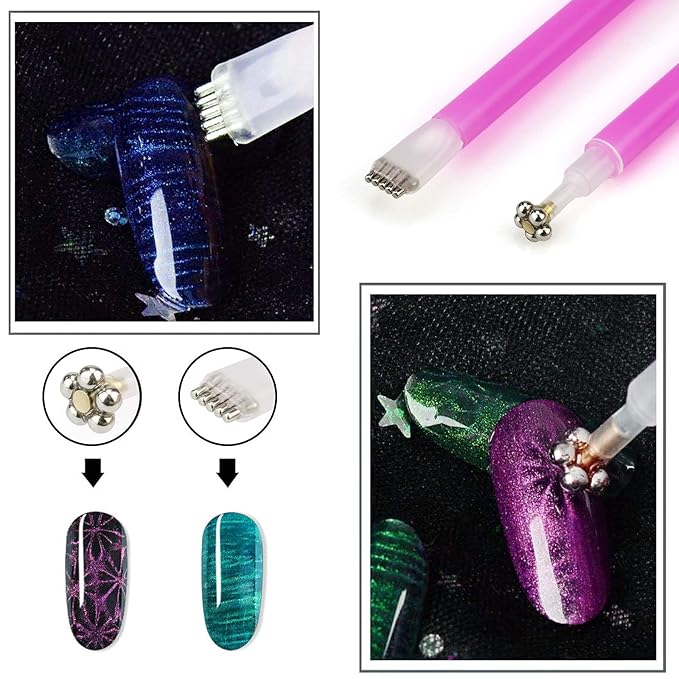 Ideal Swan 8 Pcs Nail Magnet Set Cat Eye Gel Nail Polish, Double-head Flower Design Nail Magnet Pens Magnet Stick 3D Magnetic Cat Eye Gel Polish Nail Art for DIY 3d Magnetic, Salon