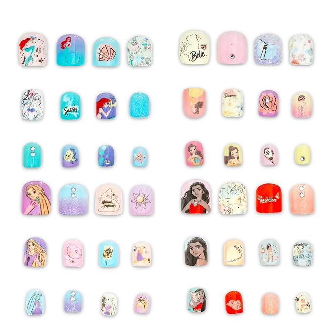 Disney Princess Press-On Nails for Kids - Bundle with 48 Stick-On Nails Featuring Ariel, Moana, Belle, Rapunzel Plus Stickers, More | Disney Princess Manicure Kit for Girls