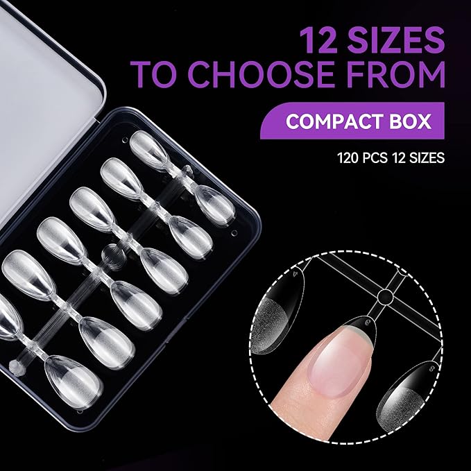 Gelike ec Extra Short Almond Nail Tips: 120PCS Soft Gel Tips for Full Cover Gel Nail Tips Pre Etched - PMMA Resin Clear False Nails 12 Sizes for Girls