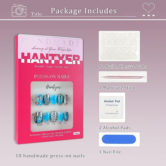 Square Press On Nails, Handmade Soft Gel Chrome Blue & Silver Metallic Fake Nails with 3D Sculpted Wave Design, Futuristic Iridescent Alien Reusable False Nails 10PCS Kit (Size M)