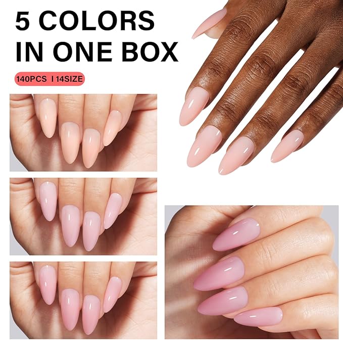 AILLSA RealFit Nude Pink Press On Nails Medium Almond - Pre-Shaped 4 in 1 False Nail Tips Set, Long Lasting Nail Extensions for Salon Home DIY Gifts 140 PCS