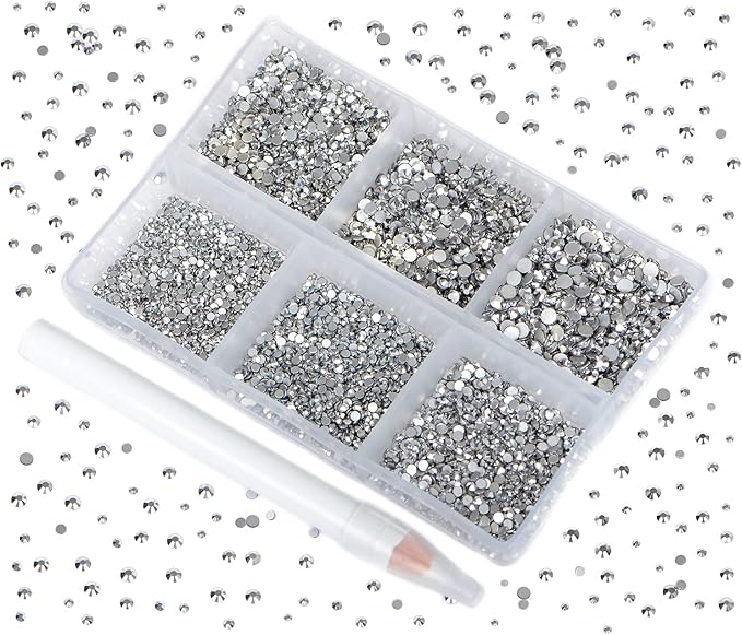 Bymitel 7200 Pieces 6 Mixed Sizes Glue Fix on Glass Rhinestones Round Crystal Gems Flatback for DIY Jewelry Making with one Picking Pen(6-Sizes 7200PCS, Labrdor)