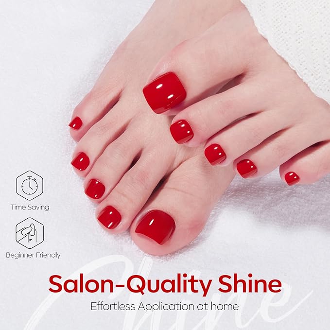 Modelones Press on Toenails Short, Red Toe Press on Nails Square, Reusable Nail Kit with Nail Glue Adhesive Tabs Mini Nail File, Toe Nails 36Pcs 18Sizes, Spring Women Girl Gift