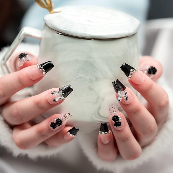 Sun&Beam Nails Handmade Long Coffin Ballerina Nude False Nail Tips with Cute 3D Black Flower Butterfly Diamond Popular Charm Design Press On Nails 10 Pcs (#69 S)