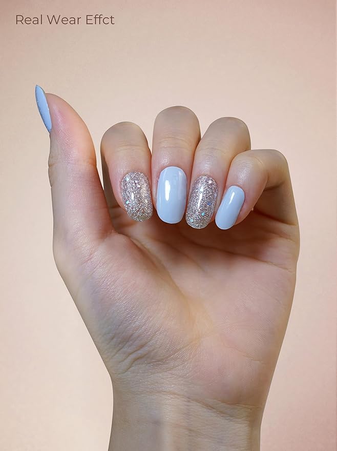 Pre Cured Gel Nail Strips - 44PCS Salon Quality Gel Nail Stickers - Long Lasting Polish Wraps for Women no UV Light Needed Easy Apply & Remove (Unicorn Silver Magic