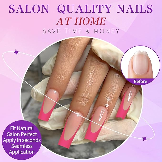 216PC Hot Pink French Tip Press on Nails Long Fake Nails Press ons with 10*Adhesive Tabs, Pink Square Acrylic Nails Press on Nails French Tip Nails False Artificial Fingernails Stick on Nails