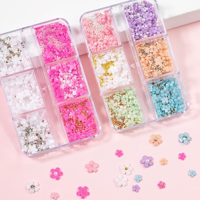 3D Flower Nail Charms - Colorful Flatback Rhinestones in White, Pink, Green, Blue. Acrylic Flowers with Golden Beads & Pearls - DIY Nail Art Supplies