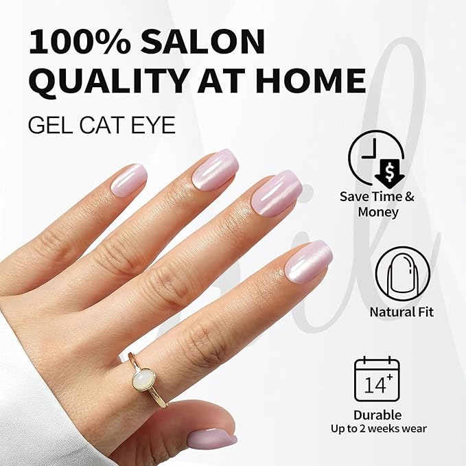 Pink Cat Eye Press on Nails Square - SHANGMENG Soft Gel Valentine Press on Nails Short for Women Gift, Fit Perfectly & Natural Glue on Nails with Glue in 16 Sizes - 32 Reusable Fake Nails, Light Pink