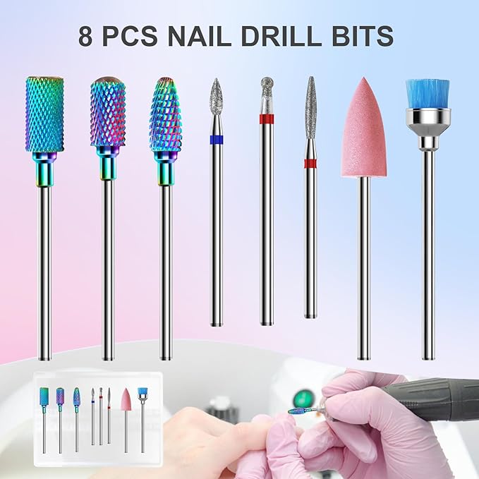 3/32'' Nail Drill Bits Set – 8pcs Tungsten Carbide & Diamond Bits for Acrylic, Gel & Cuticle Removal – Professional Electric Nail File Kit for Manicure, Pedicure – Home & Salon Use