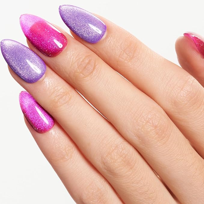 GLAMERMAID Hot Pink Purple Magnet Cat Eyes Press On Nails Short Almond, Aurora Magnetic Handmade Soft Jelly Gel Fake Nails, Round Oval Stick Glue on Nail Kit for Women, Reusable Acrylic False Nail Set