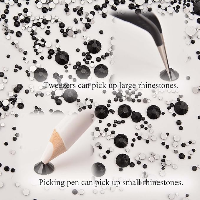 NCB 8000pcs Non Hotfix Rhinestones 10 Sizes Flatback Crystal Glass Rhinestones with Tweezers and Picking Pen for Nail Art Clothes Bags Phone Decorations Crafts DIY (002 Black Mix SS3-SS30)