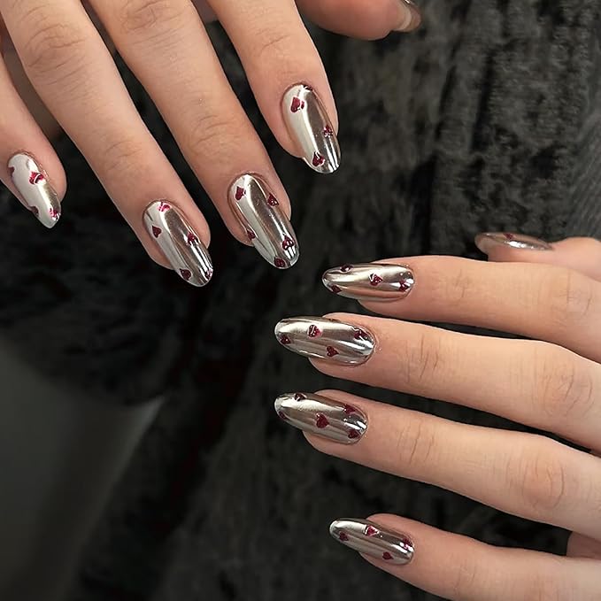 24Pcs Red Heart Press on Nails Medium Almond Fake Nails Mirror Chrome Full Cover False Nails Silver Acrylic Nails Valentines Glue on Nails Reusable Cute Artificial Nails for Women DIY Manicure