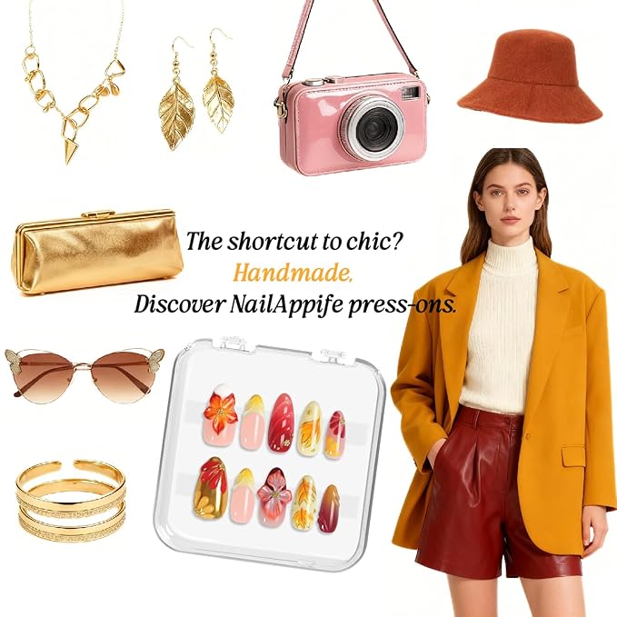 Warm Sunset Press On Nails 10pcs, Handmade Acrylic Almond Tips with 3D Hibiscus Flowers, Orange & Gold Ombre Glossy Design, Maple-Inspired Accents for Parties & Everyday Style – Appife