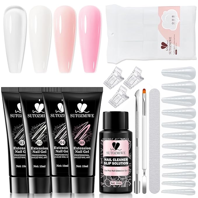 Poly Gel Nail Kit, Clear White Nude Pink Nail Extension Gels with Slip Solution, Dual Nails Forms for Builder Gel, Nail Starter Kit, Home DIY Manicure Set