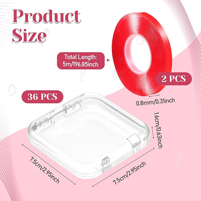 36PCS Press on Nail Boxes with Nail Tape Adhesive Double Sided Tape Acrylic Nail Display Box for Storage Nail Tips Press on Container Nail Art