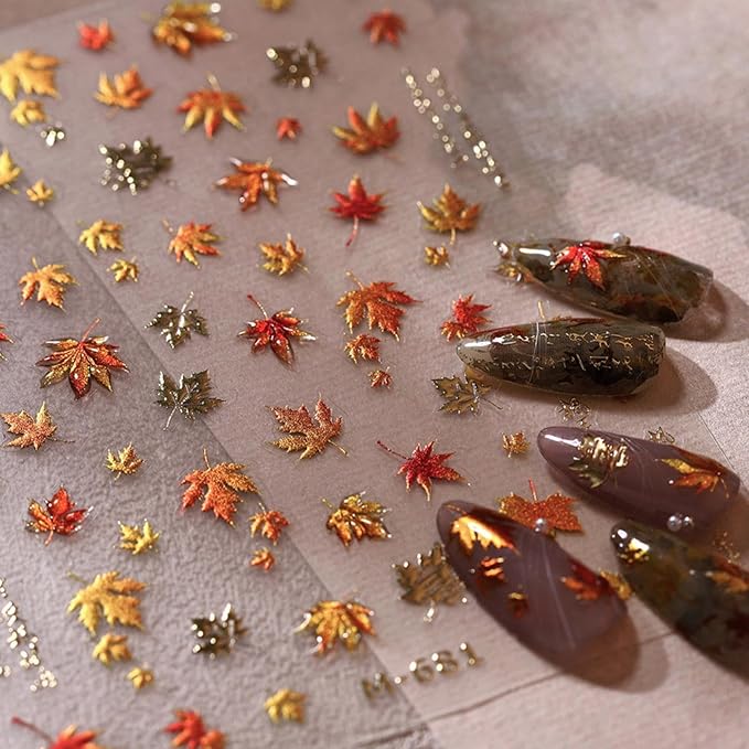 Maple Leaf Nail Stickers 5D Embossed Autumn Leaf Nail Designs 3D Self-Adhesive Gold Plant Fall Nail Decals Cute Fall Sticker Thanksgiving Day Manicure Acrylic Nails Accessories for Women Girls DIY