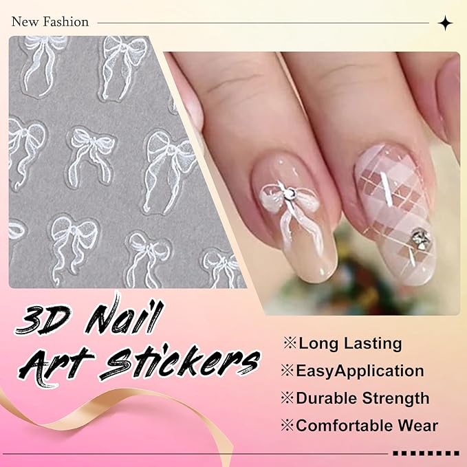 12 Sheets Bow Nail Sticker 3D Embossed Self-Adhesive Color Bow Art Nails Decals 5D Design Stickers Supplies for Women Girls Manicure Decoration 931-12