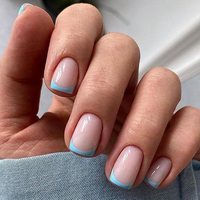 Modelones French Tip Press on Nails Short, Square Fake Nails, Reusable Nail Kit with Nail Glue Adhesive Tabs Mini Nail File, Nails Press Ons 32Pcs 16Sizes, Women Girl Gift, Blue