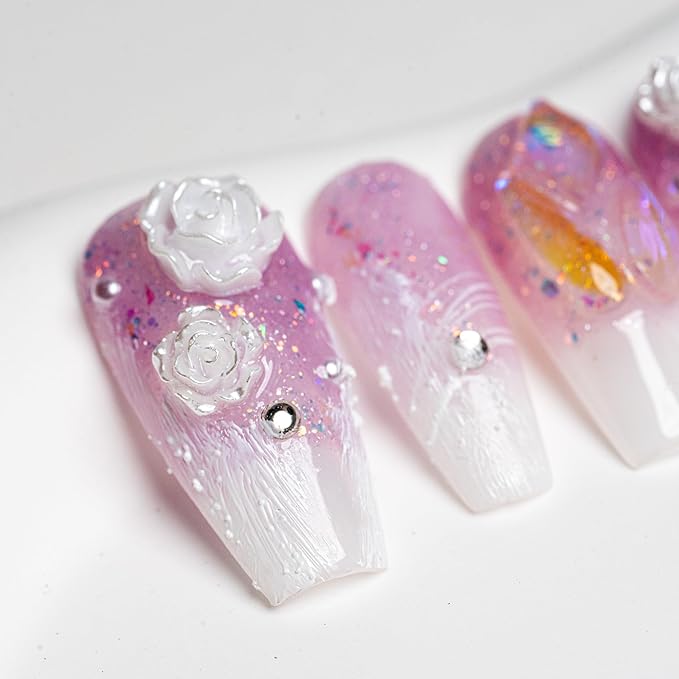 Sun&Beam Nails Handmade Press On Nail Medium Long Coffin Ballerina Purple Flower Fake Tip 3D Design Art Charms Cute with Storage Box 10 Pcs (S)