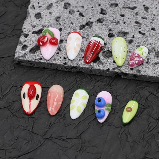 Handmade Press on Nails Medium Almond Nails Thick Fake Nails with Glue,Cute 3D Fruit Art False Nails with Designs Colourful Nails Reusable Nature Stick on Nail for Wome (Size S)