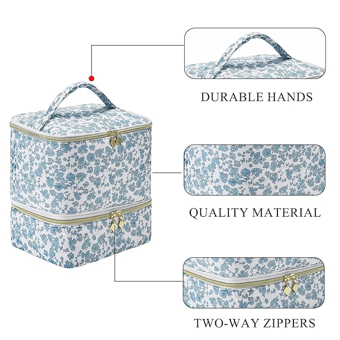 Upgraded Nail Polish Organizer Case - Holds 30 Bottles and 1 Nail Light, Double-layer Nail bag Organzier Case Nail Polish Storage Bag with Handles (Blue-Flower)