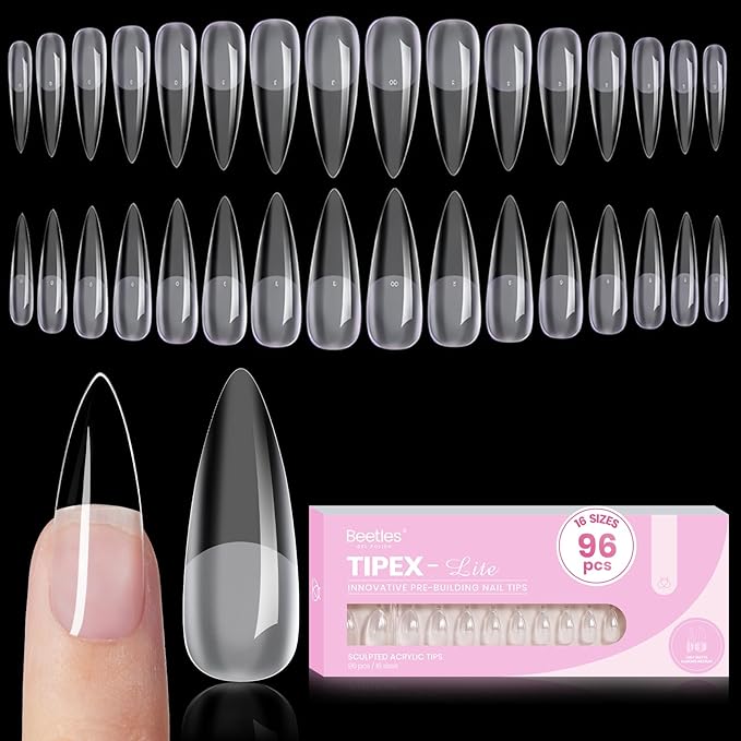 Beetles Tipex Lite Instant Apex Nail Tips, Long Stiletto, 16 Sizes | 00–14, Built-in Apex Acrylic Tips for Flat & Natural Nail Beds, Beginner-Friendly Easy DIY Nail Extensions