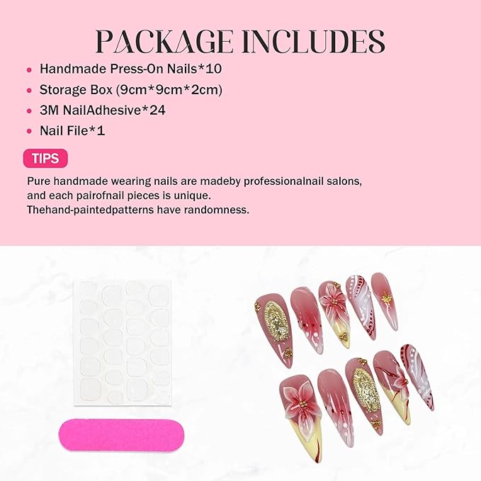 Long Press on Nails Handmade Almond Fake Nails French Tip False Nails 3D Flower Art Designs Acrylic Nails Press Ons Sparkly Reusable Glue on Nail for Women 10Pcs Nail Decorations (Size M)