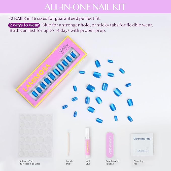 LAMIMOSA 32Pcs Blue Cat Eye Press On Nails Short Square – Soft Gel Fake Nails in 16 Sizes, Reusable Glue on Nail kit, BLUE VELVET