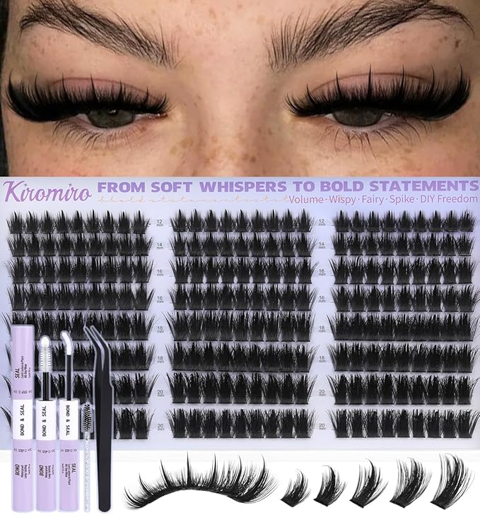Kiromiro Lash Clusters Kit with Spikes Cluster Eyelash Extensions 12-20mm Fairy Wispy Eyelashes Clusters 216pcs Individual Fluffy DIY Cluster Lashe Kit (Bond and Seal, Tweezers included)