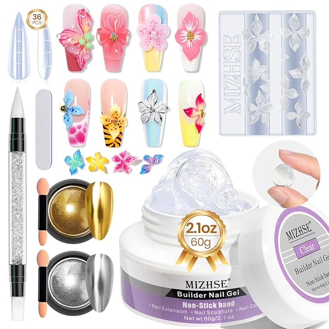 MIZHSE 3D Gel Nail Art Sculpting Gel, 60g Large Capacity Clear Solid Builder Gels for Nails, Non-Sticky Molding Hard Gels for Nail Art Charms, UV LED, with Gold Chrome Powder & Silicone Flower Mold