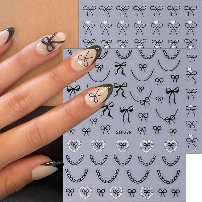 6Sheets Star Bow Nail Stickers 3D Self Adhesive Black White Pink Bows Heart Nail Decals Lace French Tip Nails Art Stickers Cute Bow Charms Sticker Star Nails Design Supplies for Women Girls Manicure