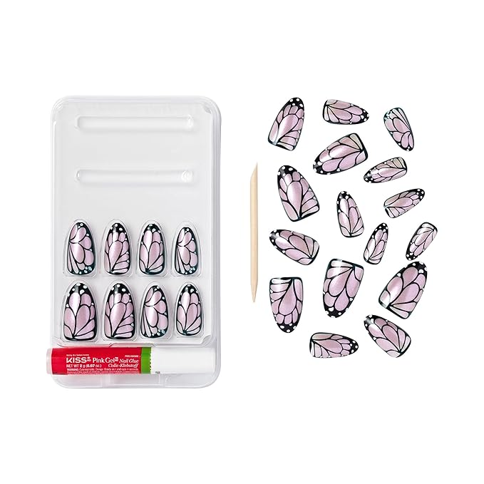 GoldFinger 24 Pcs Press On Nails, Medium Almond Fake Nails, Butterfly Chrome Gel Stick On Extensions, Reusable Full Cover False Nail Kit with Glue, Manicure Stick & File, 7 Day Long Lasting Wear