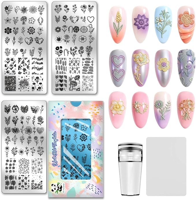 PH PandaHall 3pcs Embroidery Flower Nail Stamping Plates, Plant Floral Nail Art Templates Stainless Steel Image Plate Art Stencils with Tools for Women DIY Print Manicures Salon Design Supplies
