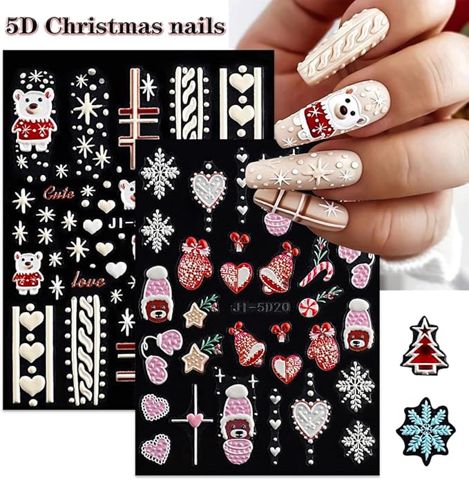 5D Christmas Nail Art Stickers Self-Adhesive Embossed Snowflake Nail Decals Bear Elk Xmas Tree Nail Design Christmas Party Nail Decoration Winter Nail Stickers for Women Girls DIY Nail Charms 3 Sheets