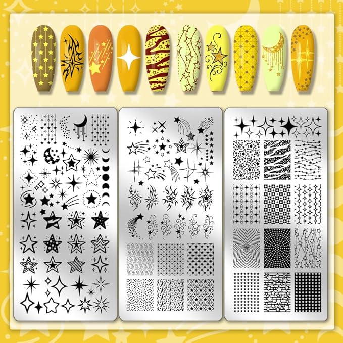 PH PandaHall 3pcs Star Moon Nail Stamping Plates Falling Stars Nail Art Plates Pentagram Patterns Manicure Art Templates Night Sky Nails Stamper Plate for Women DIY Manicures Salon Printing Design