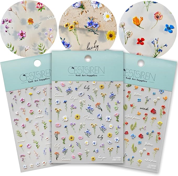 Flower Nail Art Stickers 3D Embossed Nail Decals for Nail Art Design Self-Adhesive Spring Summer Nail Accessories for Women Nail Art Supplies 3 Sheets