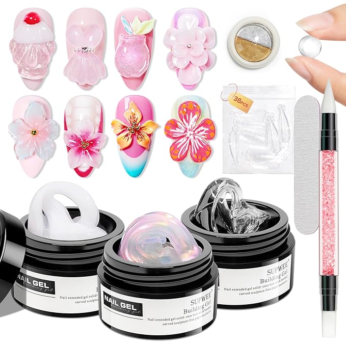 3d Sculpting Gel for Nail Art, Non-Stick Hand Solid Builder Gels Clear White and Pink Aurora 3d Gel Nail Art for Home Manicure, Nail Salon, Nail Charms, Solid, Extension, Carving Hard Gels