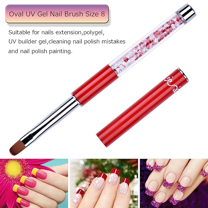2Pcs Oval & Flat UV Gel Nail Brush Set Rhinestone Handle Professional Nail Art Design Brushes Multi-colored Size 8