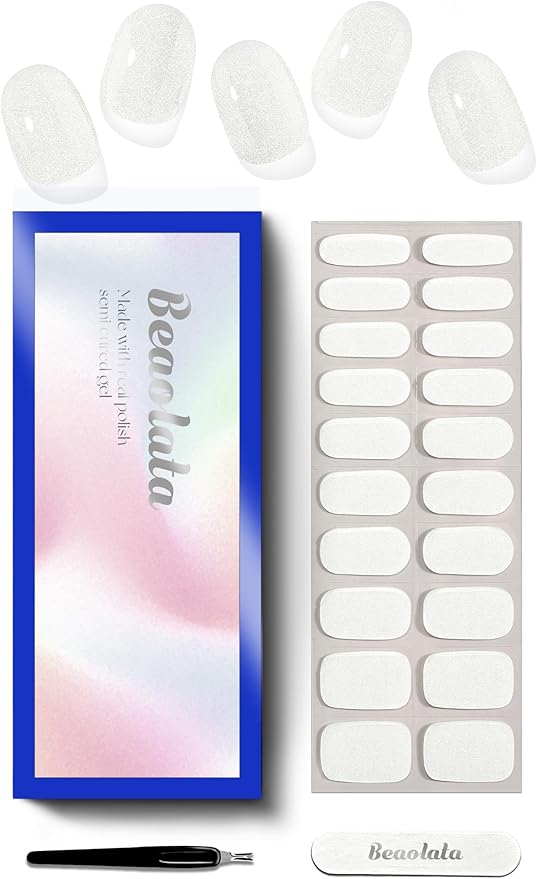 Semi Cured Gel Nail Strips - UV Light Gel Nail Stickers - 20 Long Lasting Salon Quality Wraps (White Tulle)