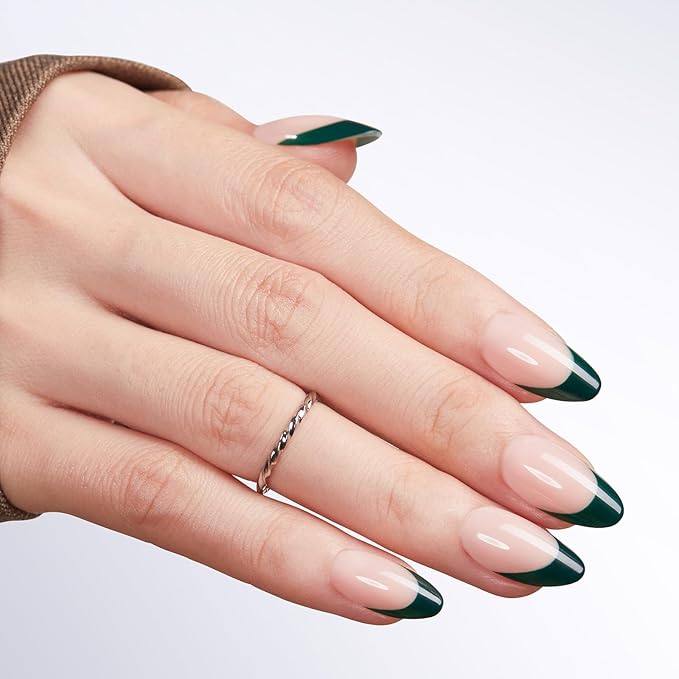 Modelones Green French Tip Press on Nails Almond, St Patricks Day Spring Short Almond Fake Nails, Nail Kit with Nail Glue Adhesive Tabs Mini Nail File, Nails Press Ons 32Pcs16 Sizes