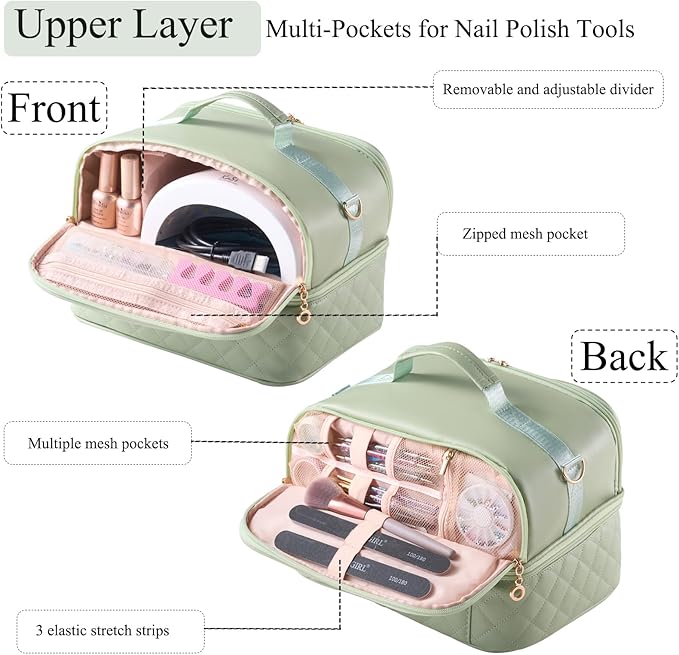 CTWWFS Nail Polish Organizer Holds 35 Bottles & Nail Lamp, Nail Organizers and Storage, Double Layer Nail Bag with Handle & Shoulder Strap for Travel, Nail Supplies Organizer for Manicure Kit (Green)
