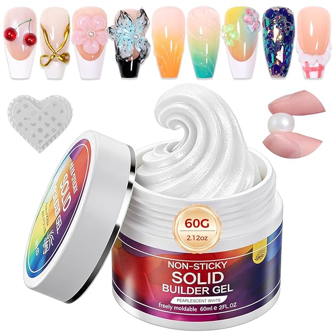 60g Solid Builder Nail Gel with 3D Sculpting Mold, Non-Sticky Hand Carving Gel for Nail Art Extension - Hard Gel for DIY & Salon, UV/LED Cured, Large Capacity (Pearl White)