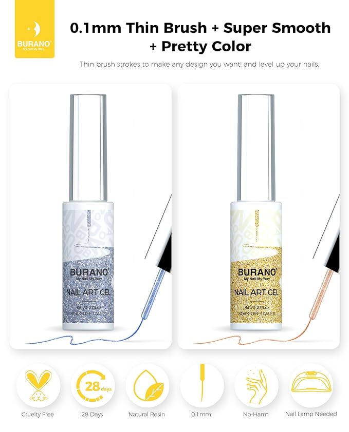 BURANO Gel Nail Polish Liner Nail Art Polish, Silver Gold Painted Gel Nail Design Polish 2 Bottle 8ml, Build in Thin Nail Brush Curing Required LX27 LX21