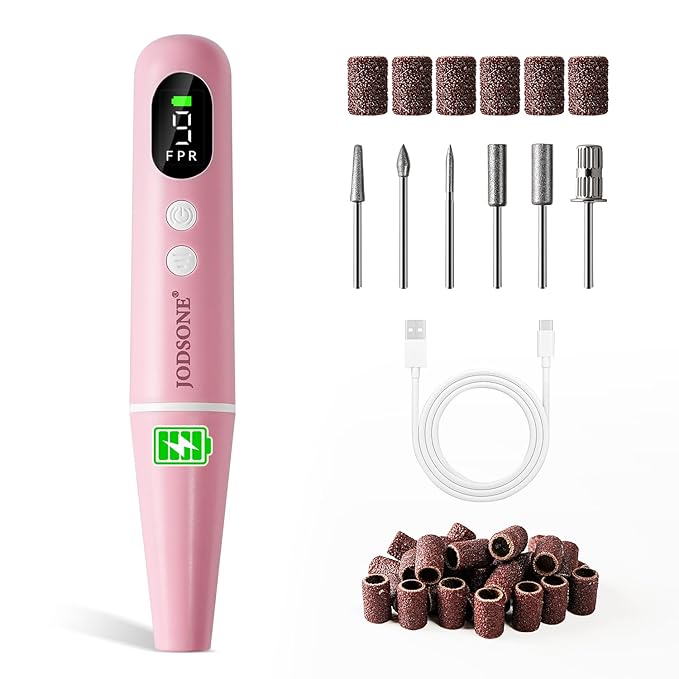 JODSONE Cordless 20000 RPM Portable Nail Drill Multifunctional Low Noise with LED Display Rechargeable Professional Nail Drill for Home Nail Salon Pink