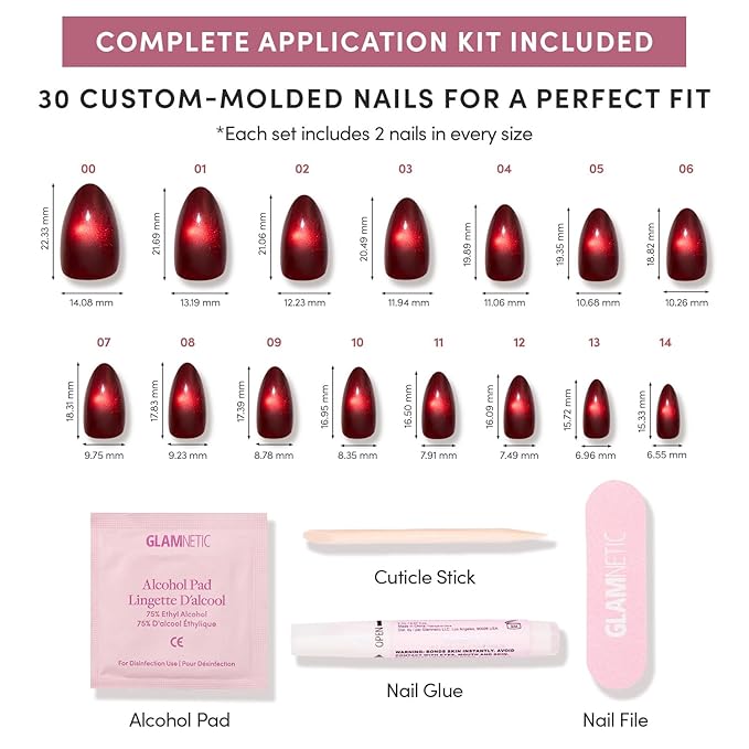 Valentines Day Glamnetic Press On Nails - Frosted Cranberry | Short Almond Fake Nails in Deep Red with Jelly Finish, Salon Quality Holiday Nails | 15 Sizes - 30 Nail Kit with Glue