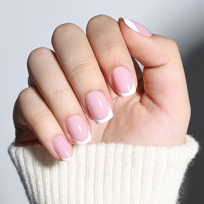 French Tip Press On Nails - Short Square Press on Nails Pink White Tips Nails Press Ons for Women Fake Nails with Glue, Glossy Reusable Glue on Nail in 15 Sizes - 30pcs, Dusty Lavender
