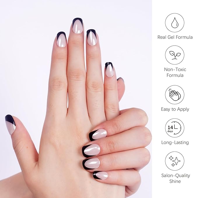 DANNI & TONI Semi Cured Gel Nail Strips Black French Tips Translucent White Glaze Nail Wraps 28 Stickers | Luxe Noir